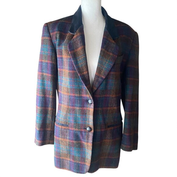VTG 90s colorful plaid wool oversized blazer leather trim S academia old money - Picture 1 of 14